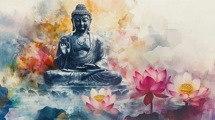 Watercolor artwork of Lord Buddha in meditation with pink and white lotus flowers blooming in mist. | PrintPosters.in